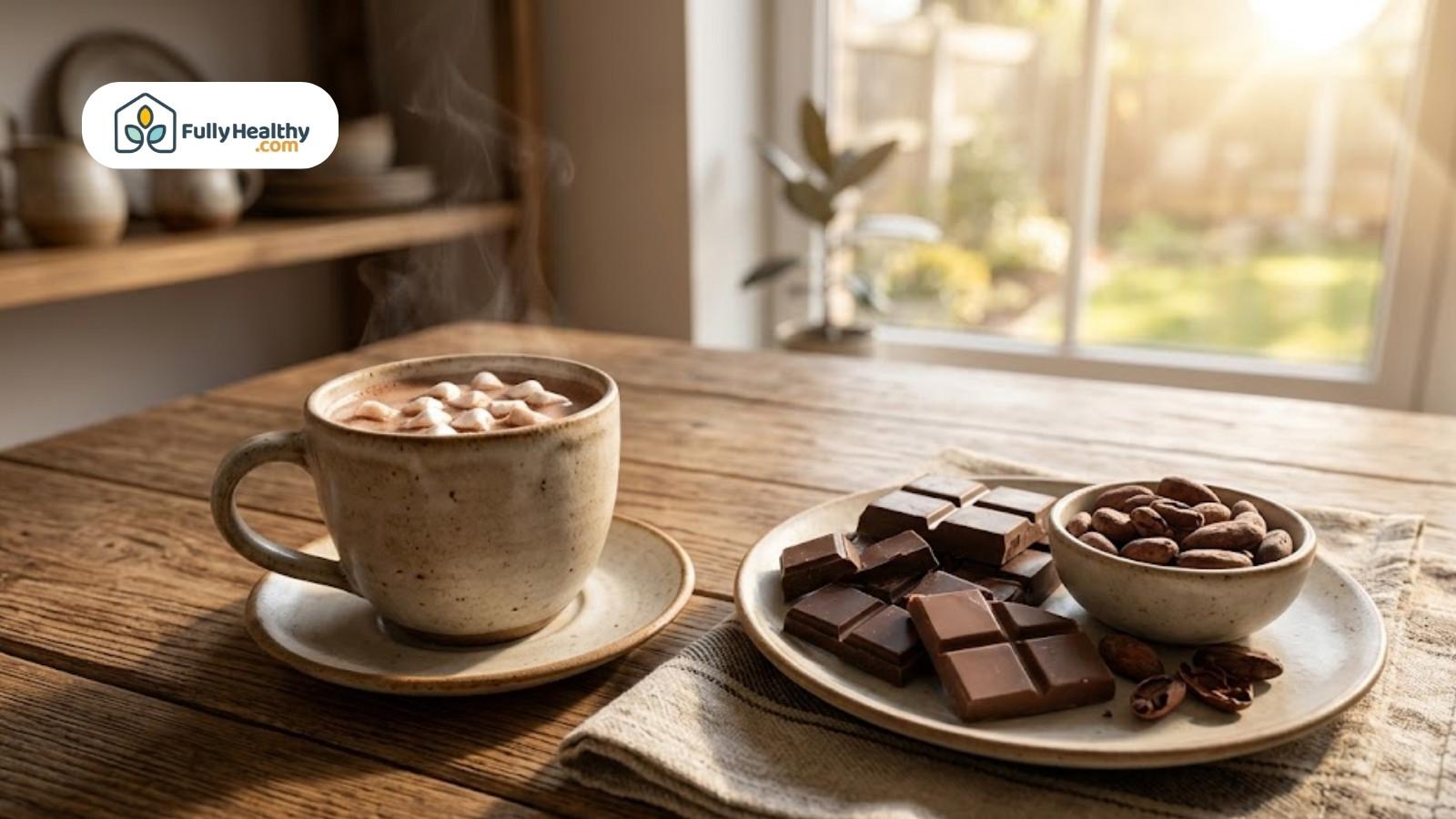 Hot chocolate mug with marshmallows beside chocolate pieces and cacao beans