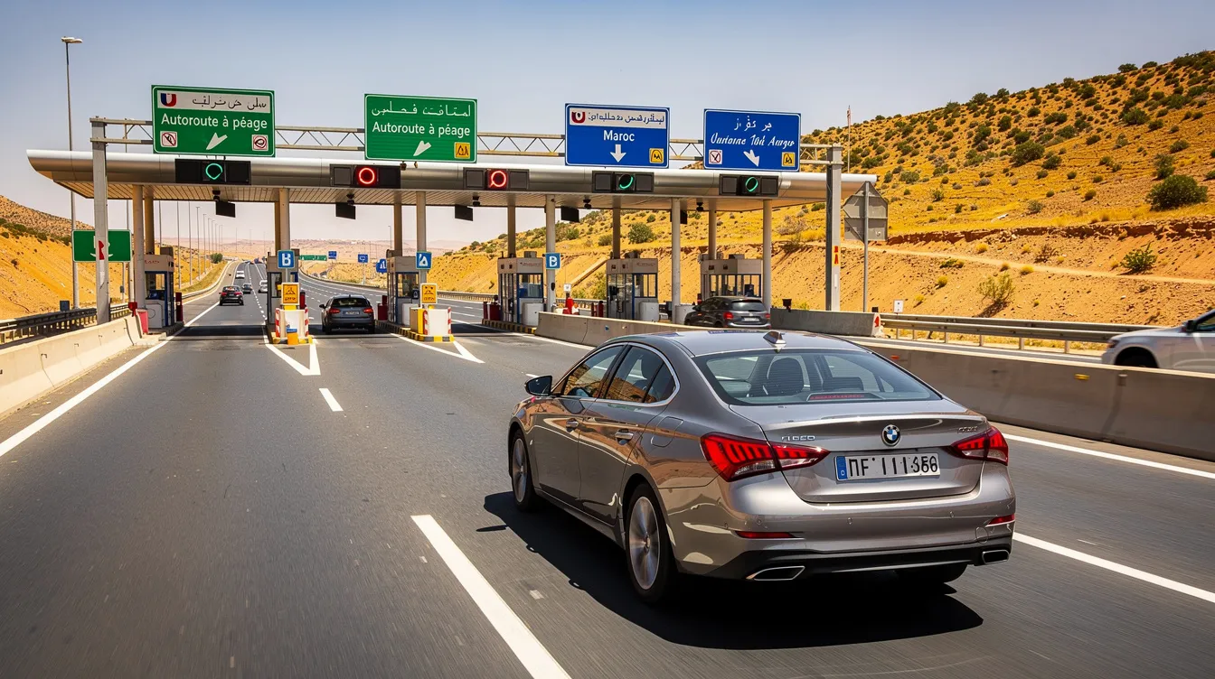 Une voiture moderne circule sur une autoroute à péage au Maroc, entourée de paysages désertiques et de montagnes au loin. Ce trajet offre une solution de confort pour les clients souhaitant louer une voiture et explorer les magnifiques destinations du pays.