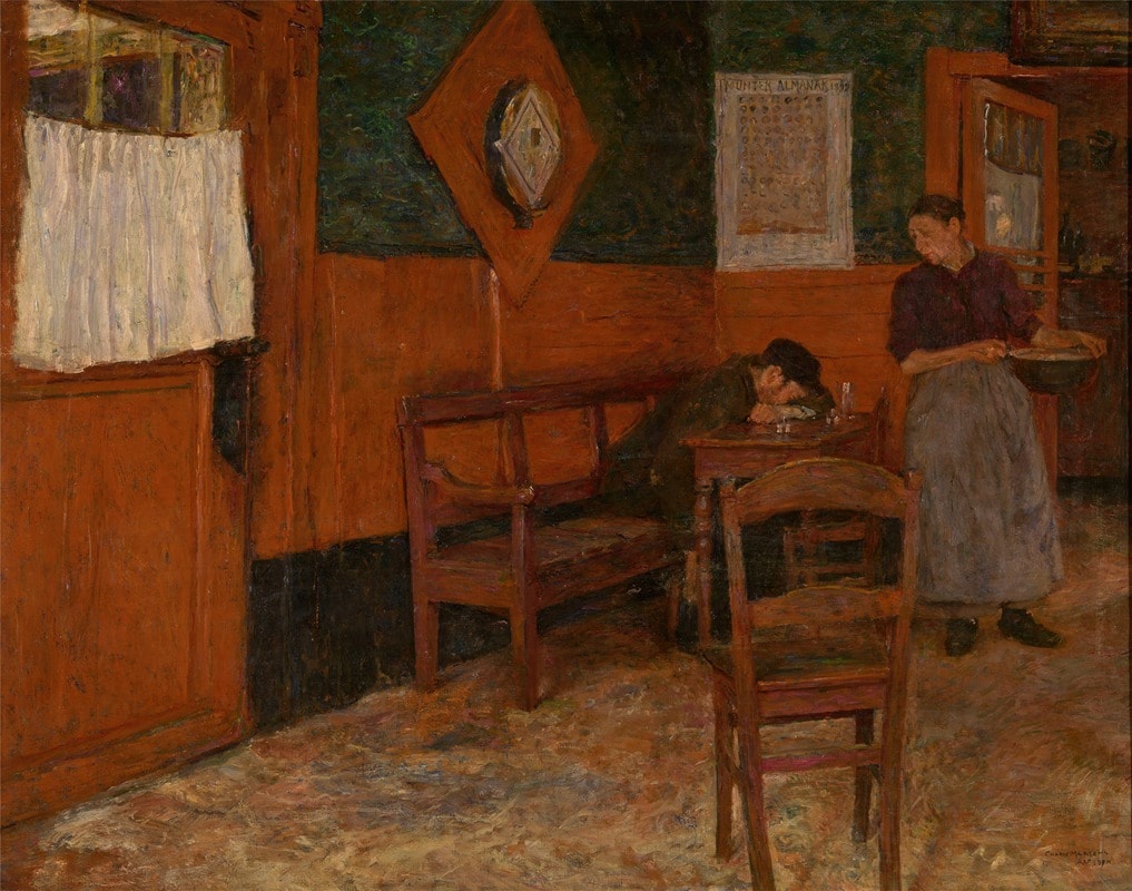 The interior of an inn with a man and woman, red walls, a red door, and red carpet