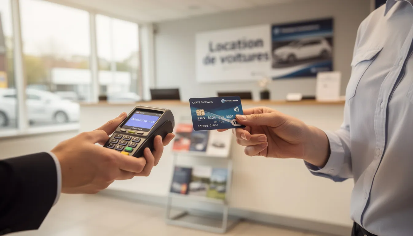 Une personne présente sa carte bancaire à un terminal de paiement dans une agence de location de véhicules, illustrant le processus de pré autorisation et de dépôt pour la réservation d'une voiture. L'image met en avant l'importance de la carte dans le cadre des conditions d'assurance responsabilité civile et de garantie.