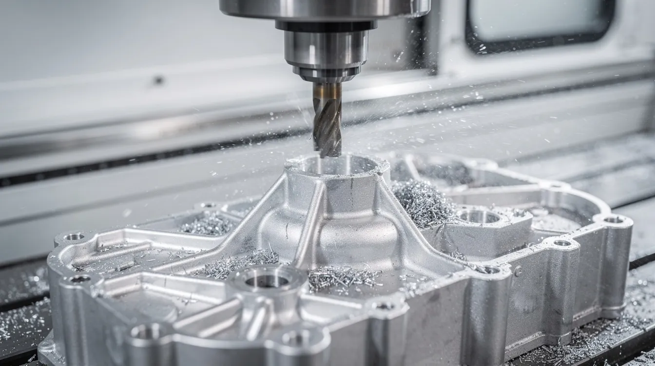 A close-up view of a 5-axis CNC machining center is shown, precisely cutting an aluminum die cast housing part. This image highlights the advanced technology and precision machining involved in the die casting process, showcasing the intricate details of the aluminum die casting part being manufactured.