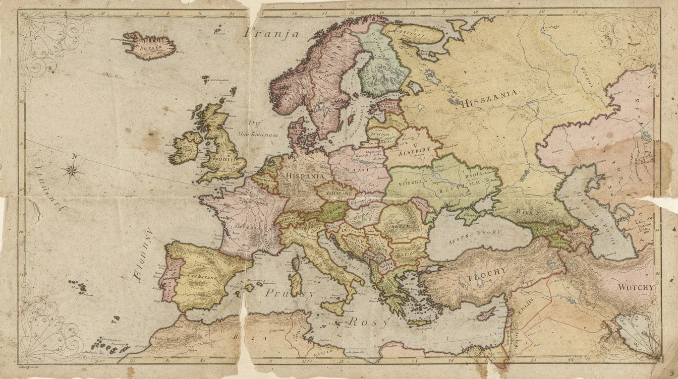Zabytkowa mapa Europy z początku XIX wieku przedstawia granice państw, w tym ziemie polskie po kongresie wiedeńskim, ukazując zmiany terytorialne i wpływ kongresu na polityczną mapę kontynentu. Na mapie zaznaczone są również obszary takie jak Królestwo Polskie oraz Księstwo Warszawskie.