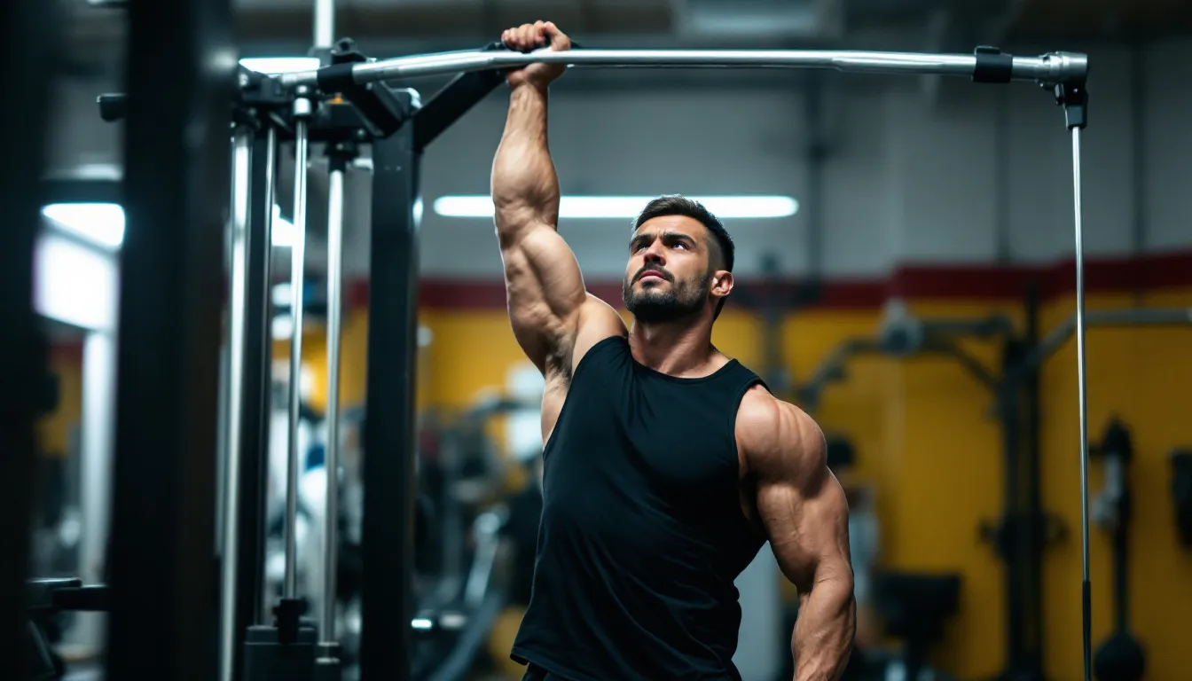 A fitness enthusiast performing a single arm cable row exercise.