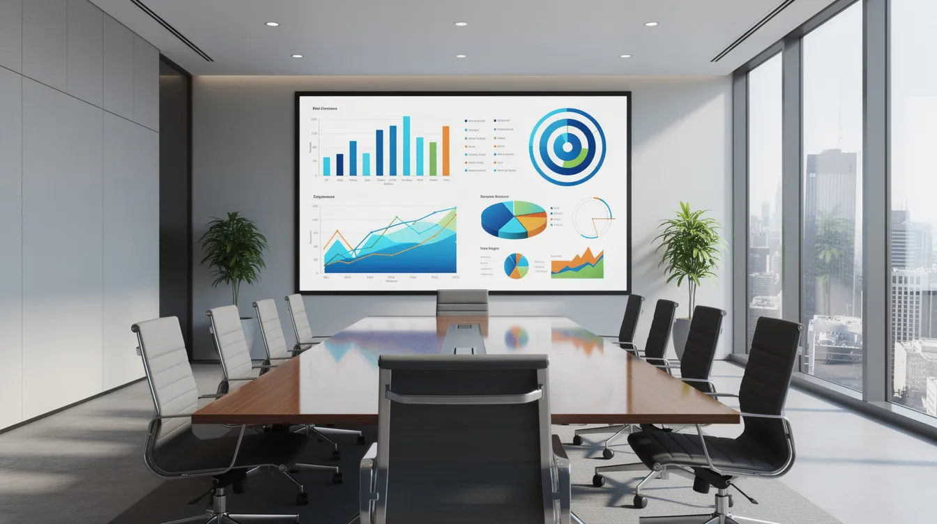 The image depicts a modern conference room featuring a large screen that displays vibrant business charts and graphs, likely sourced from an Excel workbook. This setting is ideal for presentations, showcasing linked Excel data that can be easily updated for financial analysis and effective communication in meetings.
