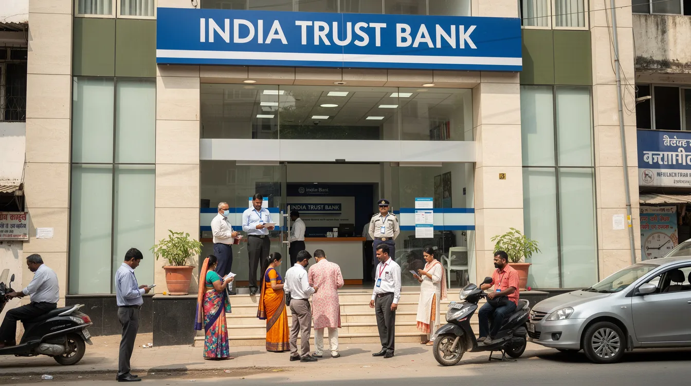 The image shows the exterior of an Indian bank branch, with a group of people waiting near the entrance, likely for financial assistance or to apply for a mudra loan. The scene reflects the hustle of small business owners seeking support for their business operations and financing needs.