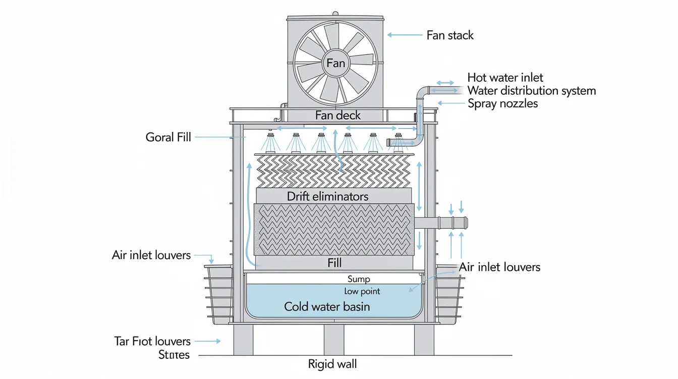 The image depicts a labeled drawing of a cooling tower, showcasing its various components such as cooling tower fill, nozzles, motors, and drift eliminators, which are essential for efficient operation and effective heat exchange in modern cooling systems. The detailed labels help illustrate the structure and function of each part, emphasizing their role in maintaining water quality and optimizing the cooling process.