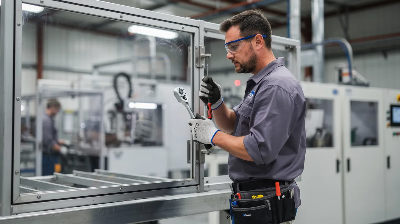 A technician testing a clear protective window panel using hand tools, ensuring it provides effective protection against forced entry and other threats.