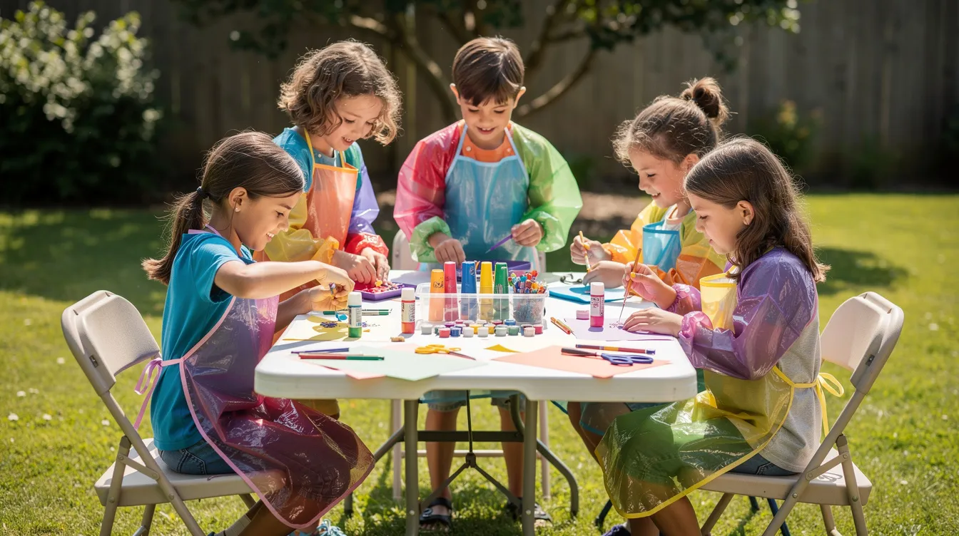 A group of kids wearing colorful plastic aprons are gathered around an outdoor folding table, excitedly working on a tie dye craft project together. Various dye bottles, rubber bands, and supplies are spread out, creating a fun and messy atmosphere as they prepare to apply dye to their t-shirts.