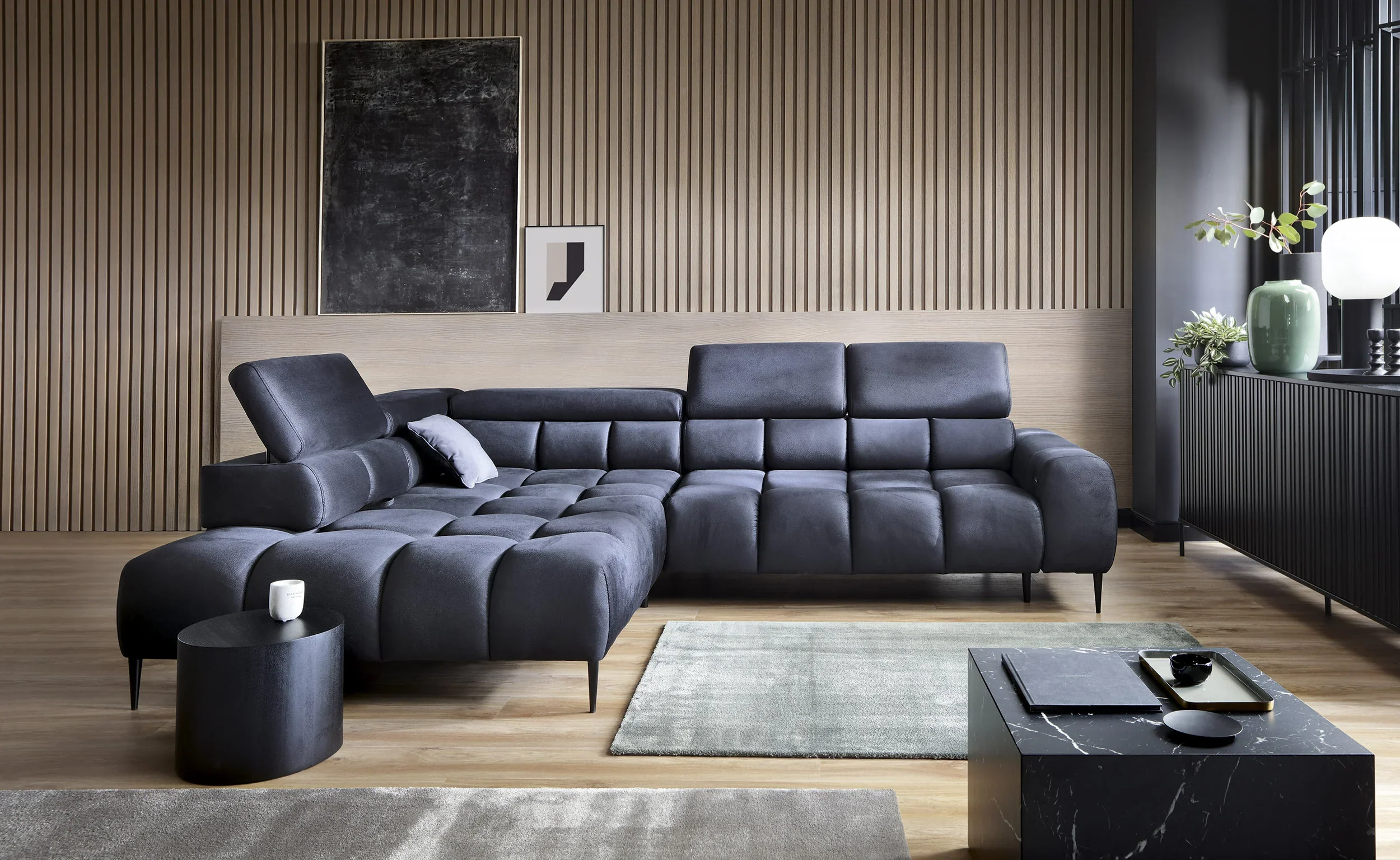 Key features of a TV sofa highlighted with comfortable seat cushions.