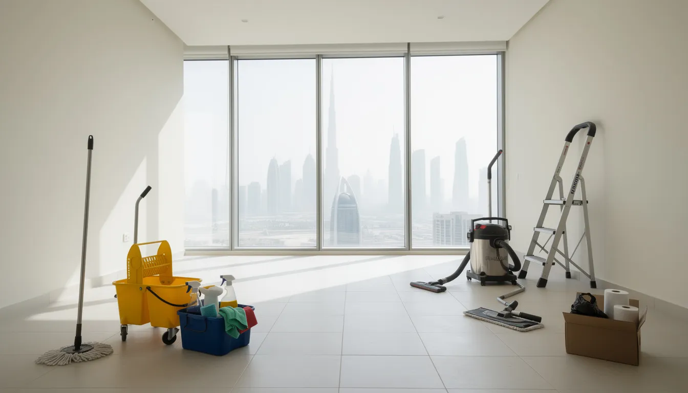 An empty Dubai apartment is shown, with various cleaning supplies and equipment neatly arranged, ready for a move-out cleaning. This scene emphasizes the importance of professional deep cleaning services to ensure a sparkling clean environment for new tenants.