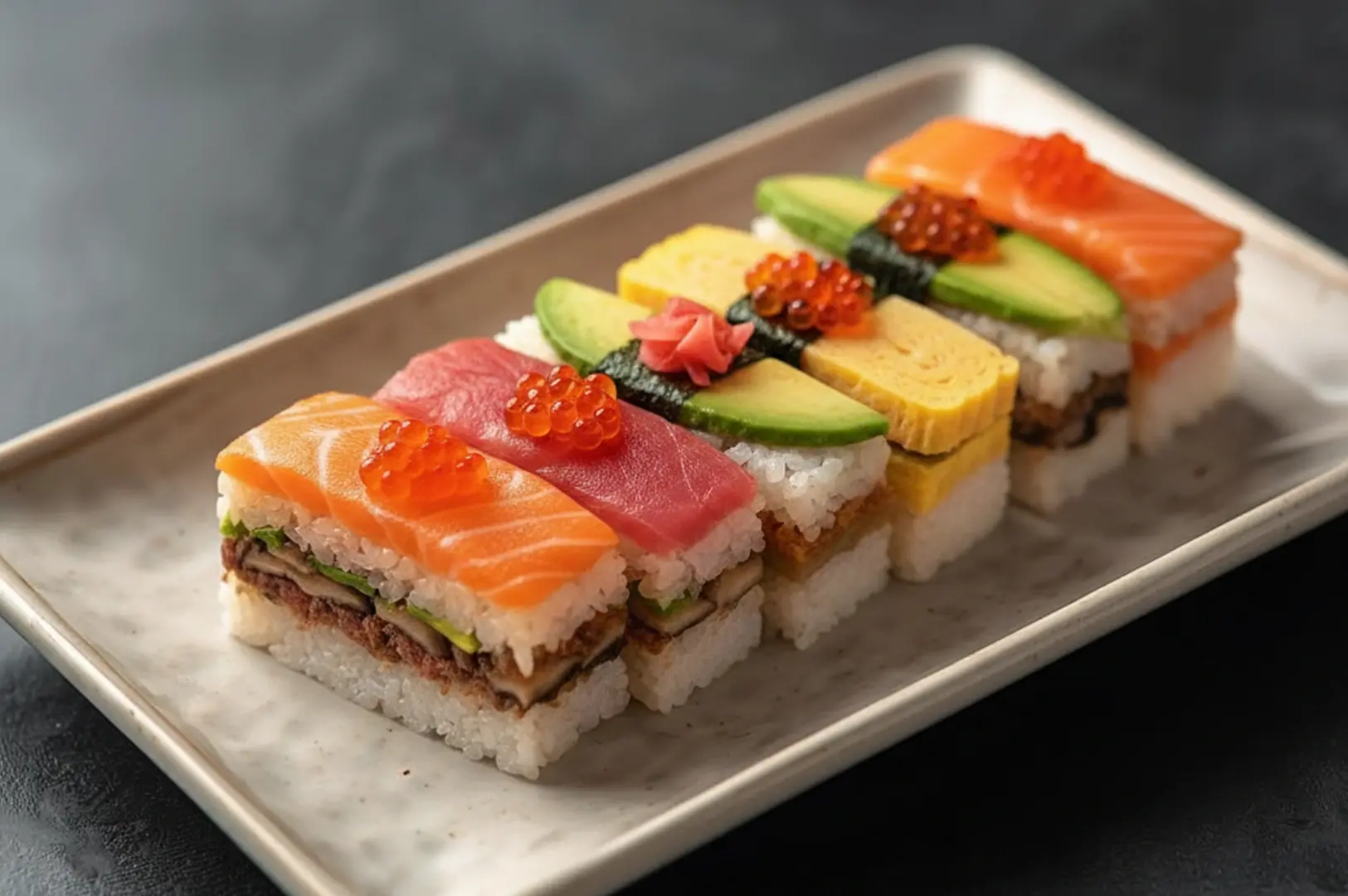 Rectangular pressed sushi pieces layered with fillings and topped with fish, avocado, and roe.