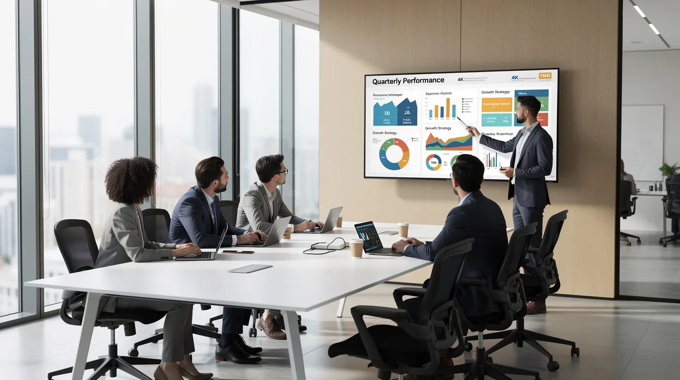 A modern office meeting features a diverse group of people gathered around a large screen, engaging with a dynamic presentation displayed via a digital projector. The attendees are focused on the slide deck, which utilizes advanced presentation technology to convey information effectively, showcasing the evolution of presentations from traditional flip charts to sophisticated PowerPoint presentations.