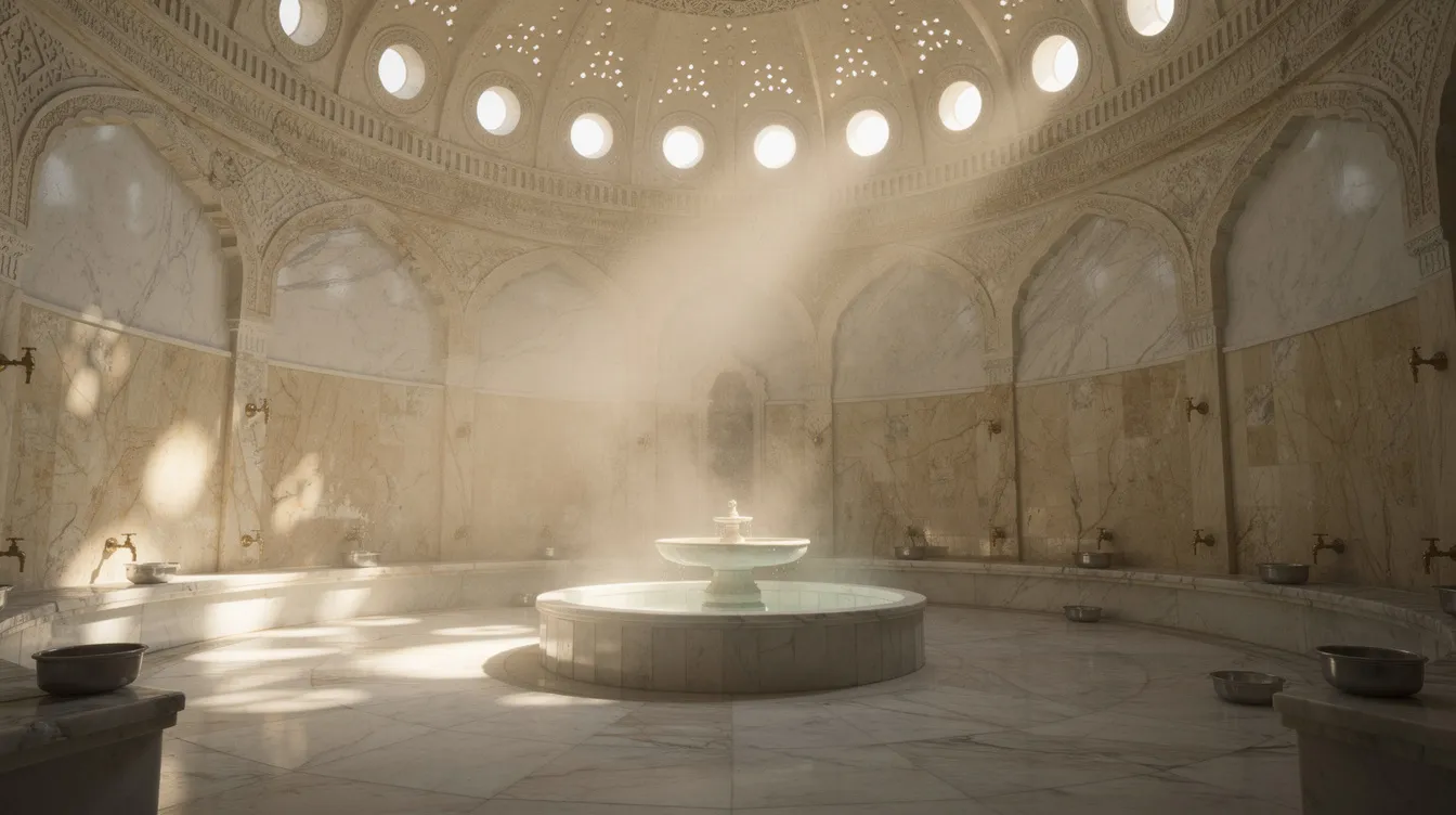 El interior de un hamam histórico presenta una cúpula impresionante, con mármol pulido y luz suave que entra a través de pequeños lucernarios, creando un ambiente de relajación ideal para disfrutar de un baño turco. Este lugar evoca la rica historia del imperio otomano, invitando a los visitantes a sumergirse en una experiencia de limpieza y bienestar.