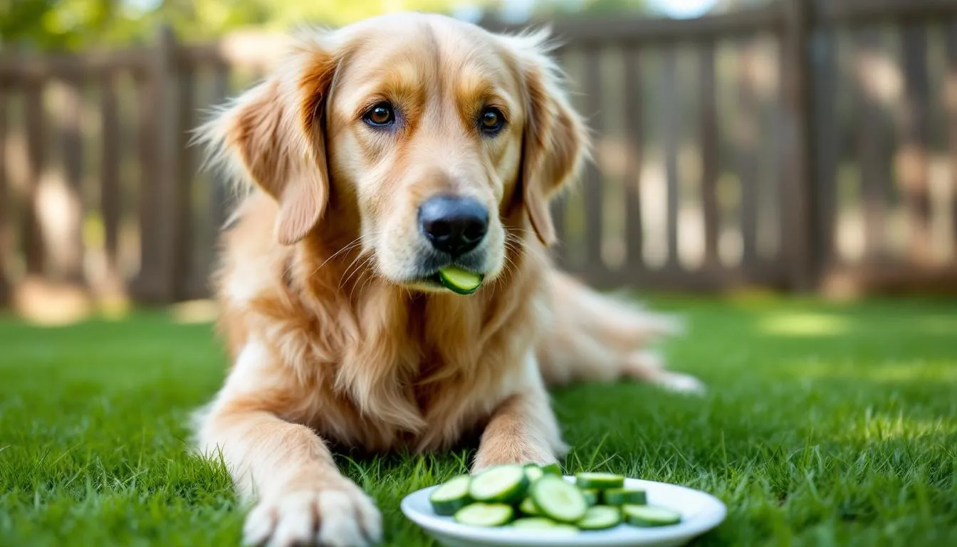 A happy dog is outdoors, safely enjoying bite-sized slices of cucumber, which serve as a healthy snack. The refreshing treat showcases the dog