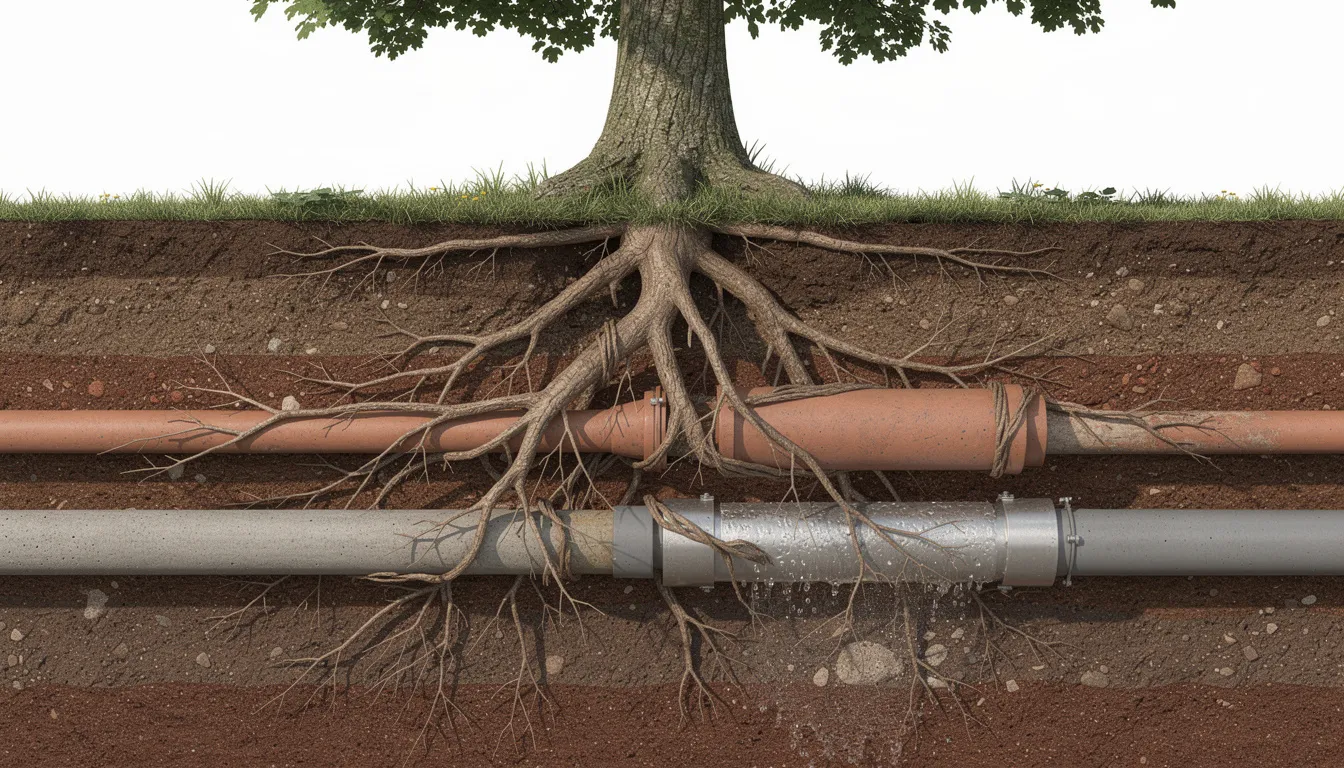 The image shows mature tree roots intertwined with underground pipes in the soil, highlighting the potential for sewer line damage due to root intrusion. This situation can lead to costly repairs and issues with the home's sewer line if not addressed promptly.