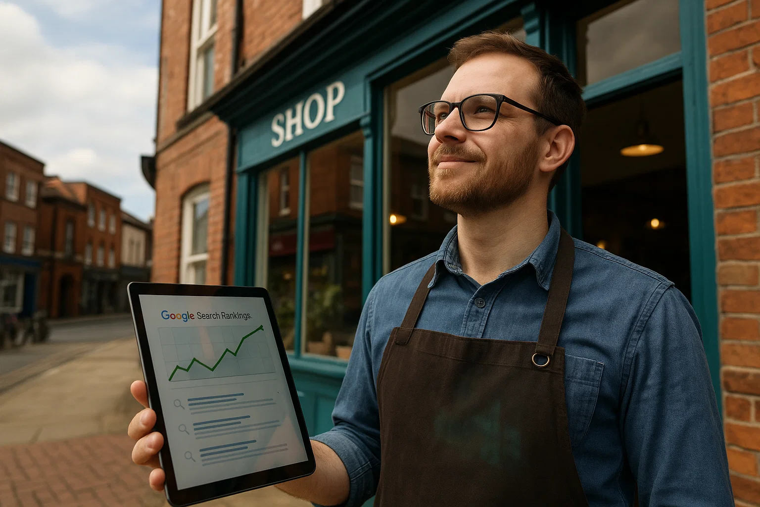 Stockport business owner checking improved Google search rankings on a tablet outside their shop.