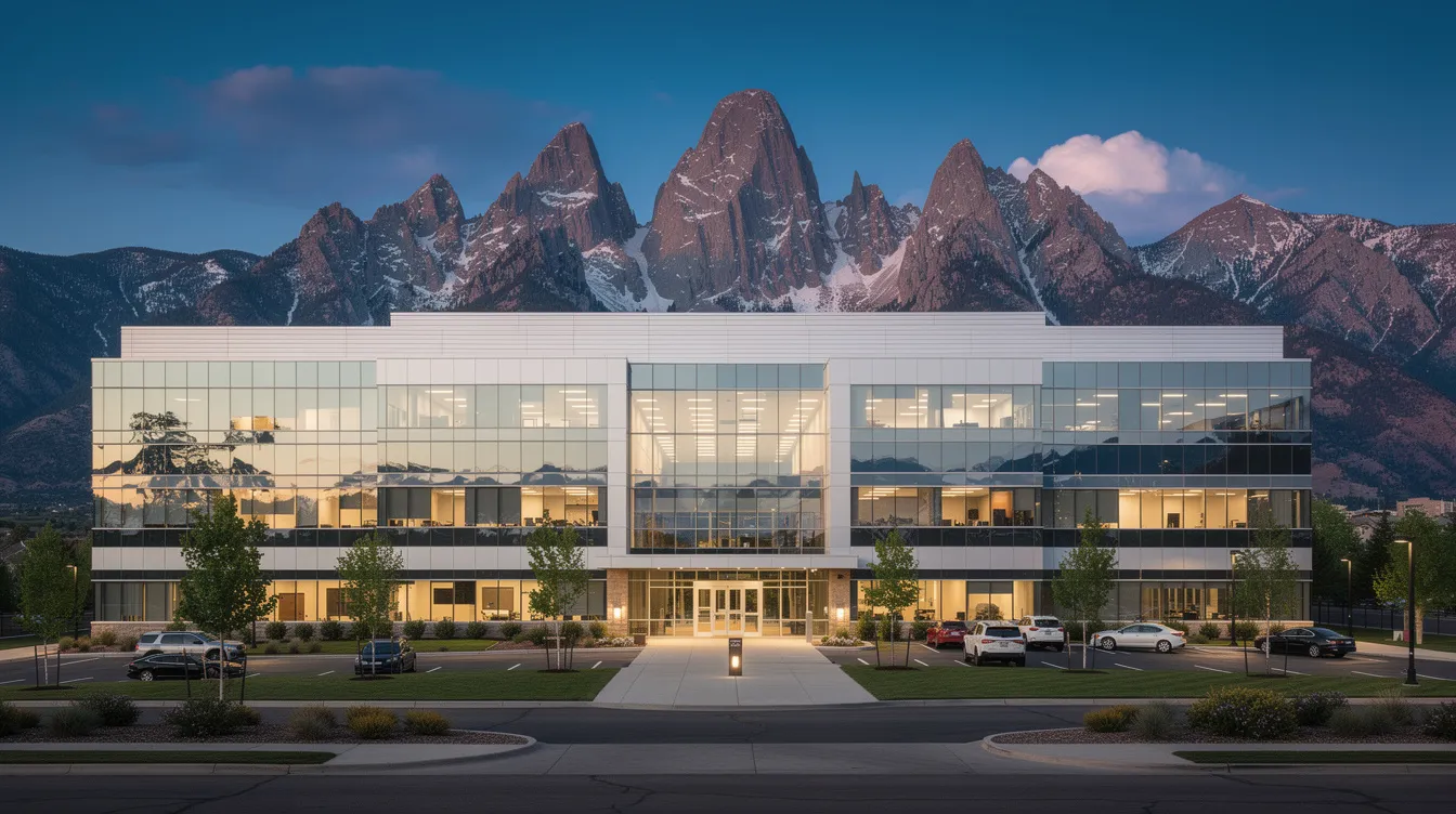 The image depicts a modern professional office building with large glass windows, set against the stunning backdrop of the Colorado mountains. This serene setting highlights the contrast between the urban structure and the natural beauty, creating a perfect environment for professionals, possibly involved in fields like workers compensation benefits or social security disability insurance.