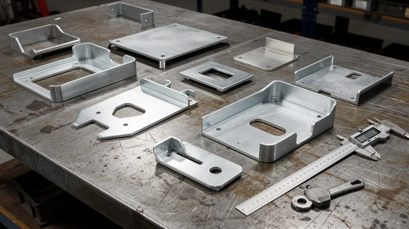 The image features an industrial workbench displaying various sheet metal stamping parts, including male and female dies, cutting dies, and die components, which are essential in the die manufacturing process for creating complex metal forms. The arrangement showcases the tools used in manufacturing industries, highlighting the precision and intricacy involved in the production of customized metal parts.
