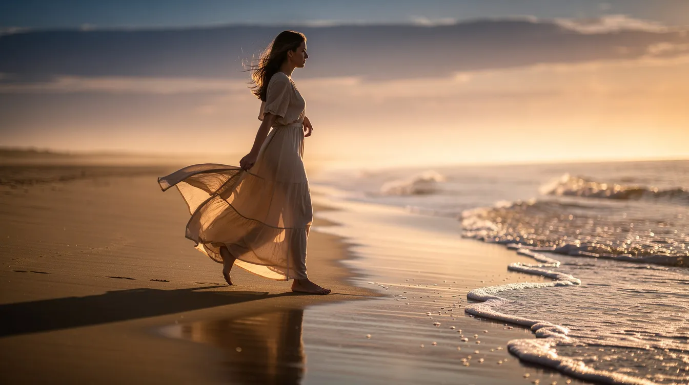 A woman in a flowing white maxi dress strolls along a sandy beach during the golden hour, embodying an effortlessly chic summer holiday look. She accessorizes with stylish statement earrings and a crossbody bag, perfect for a beach day or alfresco dinners.