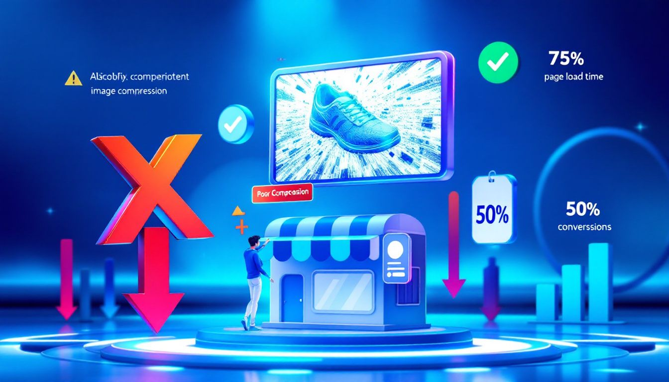 An illustration showing image optimization issues in Shopify, including alt text challenges.