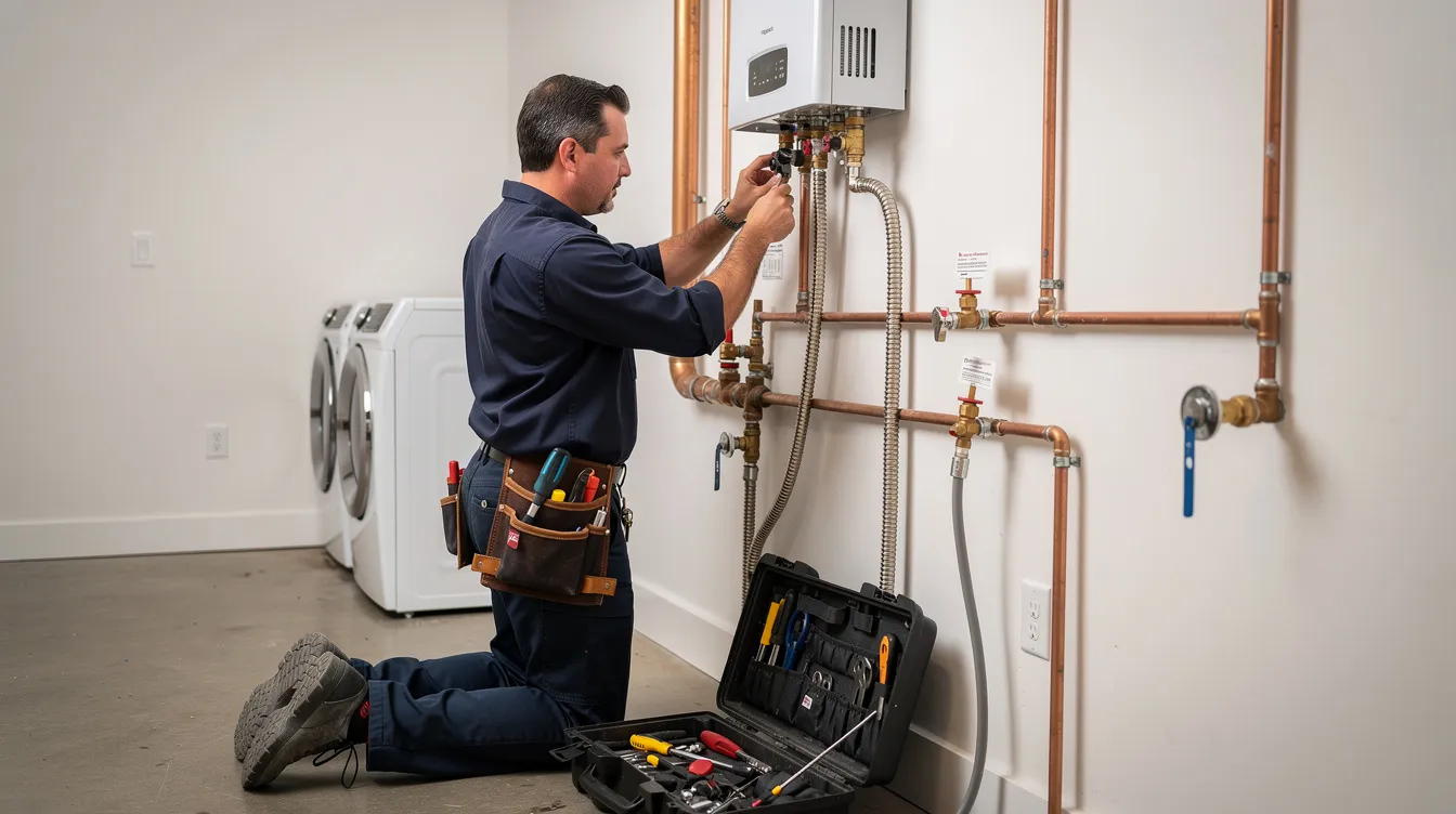 A Bellevue plumber is seen installing a new tankless water heater unit on the wall of a utility room in a residential home, showcasing the expertise and reliable service that homeowners can expect for their plumbing needs. The technician is focused on ensuring a proper installation, highlighting the importance of efficient plumbing systems in Bellevue homes.