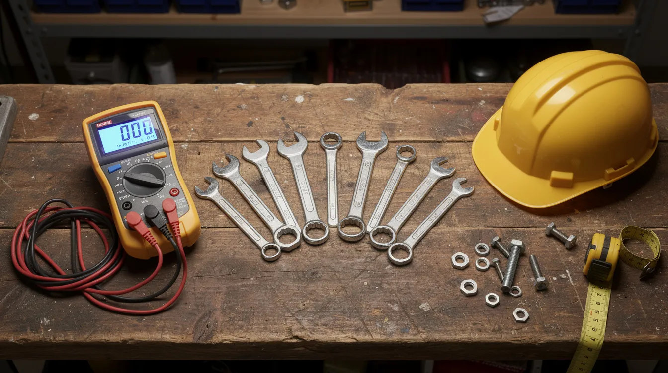 The image features a well-organized workbench displaying various trade tools, including wrenches, a voltage meter, and a hard hat, which are essential for home service contractors in the electrical industry. This setup reflects the tools necessary for effective service delivery and highlights the importance of local visibility in attracting potential customers through local search results.