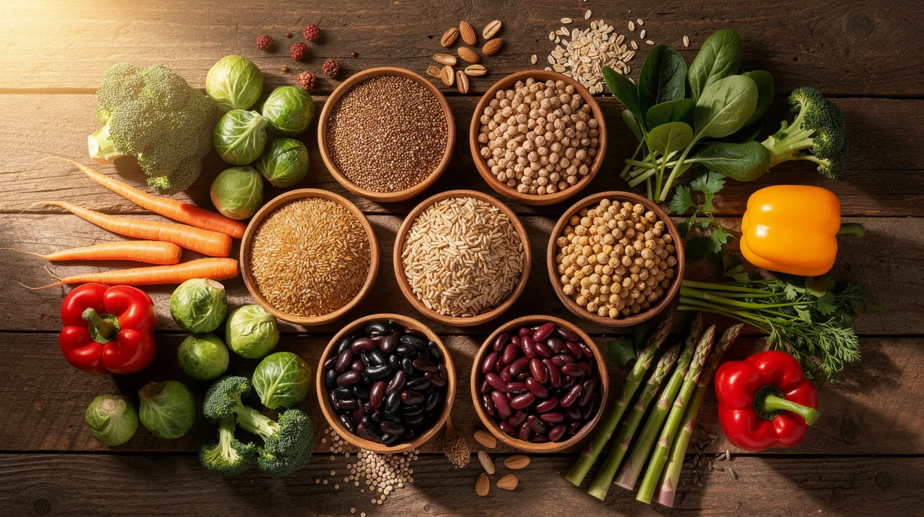 The image features a variety of whole grains, legumes, and fiber-rich vegetables beautifully arranged on a wooden table, emphasizing their role in promoting a healthy gut microbiota and supporting gut health. These nutrient-dense foods are essential for maintaining a balanced gut microbial community, which can contribute to overall health and longevity.