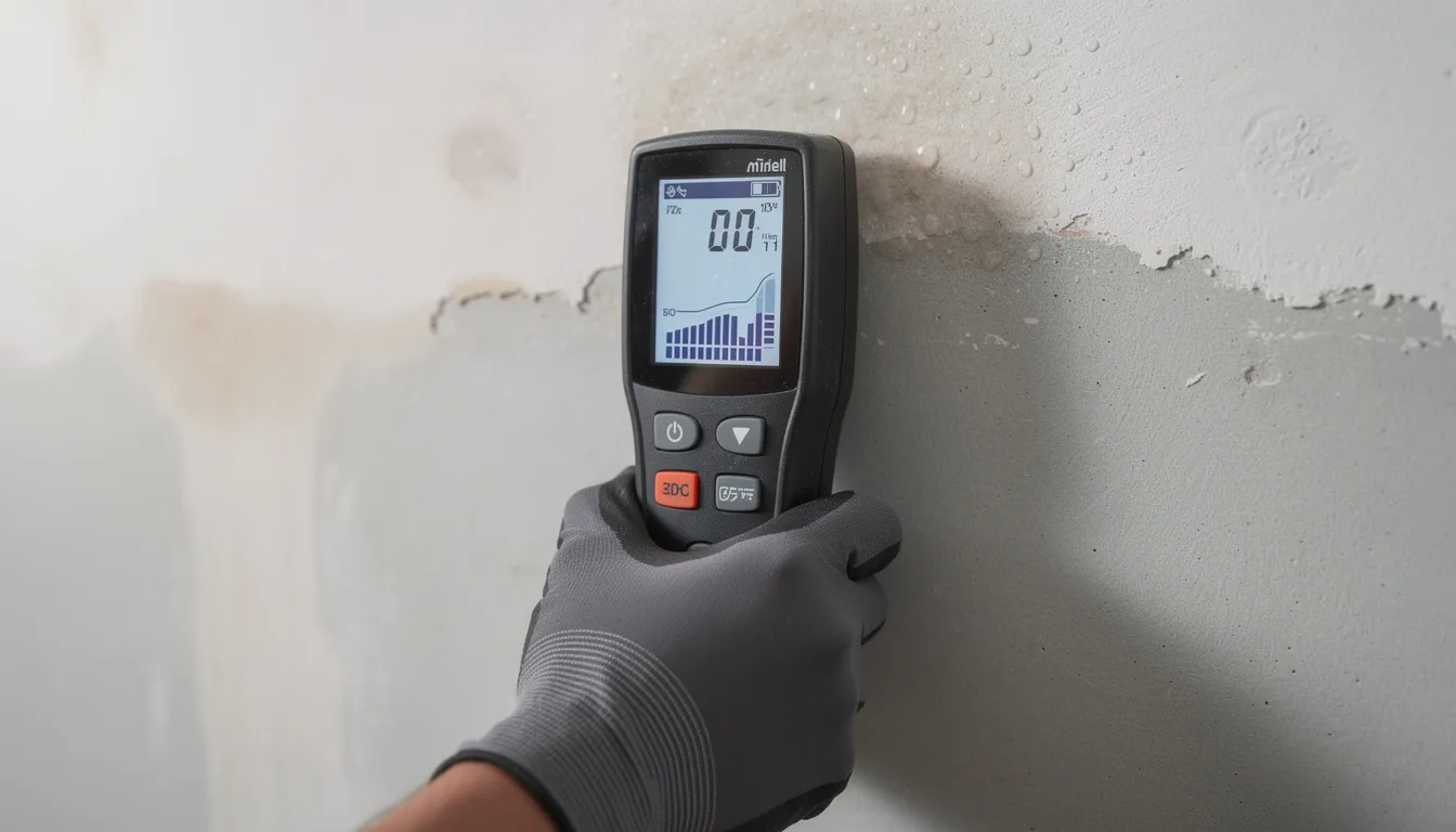 A moisture meter is being held against a wall to detect hidden water damage, which can lead to mold growth and other issues if organic materials are affected. This tool helps identify moisture levels that may promote the decomposition process of dead organic matter, potentially creating a habitat for various organisms and mold spores.