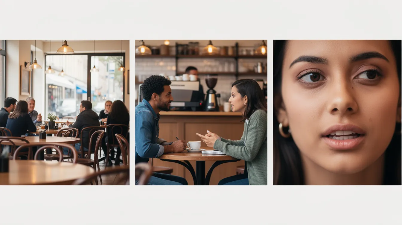 Das Bild zeigt drei Versionen derselben Cafészene: Links eine weite Aufnahme des gesamten Cafés, in der Mitte eine mittlere Einstellung von zwei Personen am Tisch, und rechts eine Nahaufnahme eines Gesichts während eines Gesprächs. Diese unterschiedlichen Einstellungsgrößen verdeutlichen die Perspektiven und Details der Interaktion in dieser lebhaften Umgebung.