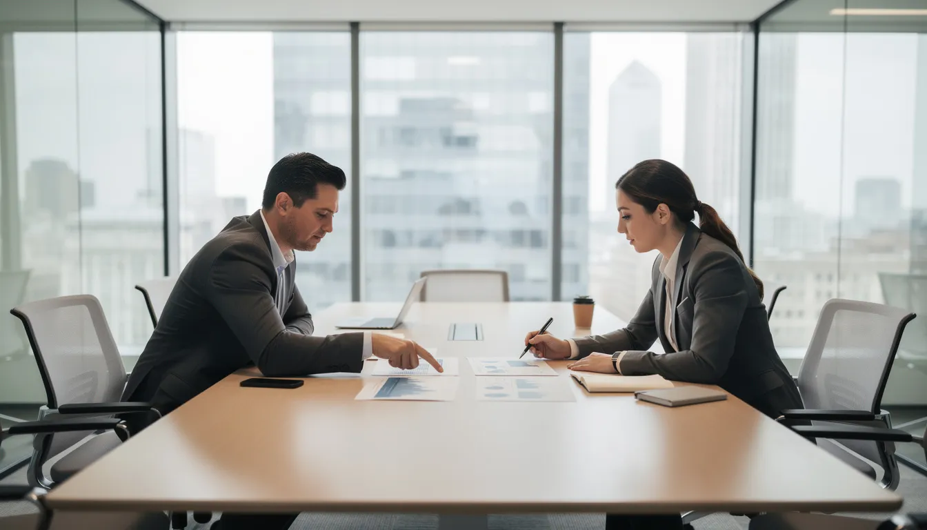 The image shows two professionals engaged in a discussion in a meeting room, reviewing documents related to parental leave policies, including statutory shared parental pay and paternity leave. They appear focused and collaborative as they explore important employment rights for new parents.
