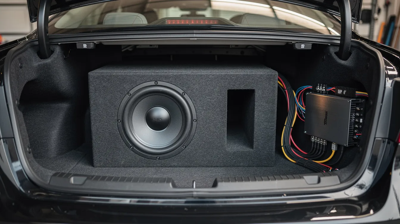 The image shows a subwoofer securely mounted inside a custom ported enclosure in the trunk of a sedan, with an external amplifier wired nearby, enhancing the car's sound system for better sound quality and deeper bass. This setup exemplifies car audio upgrades, providing an improved audio experience compared to factory systems.