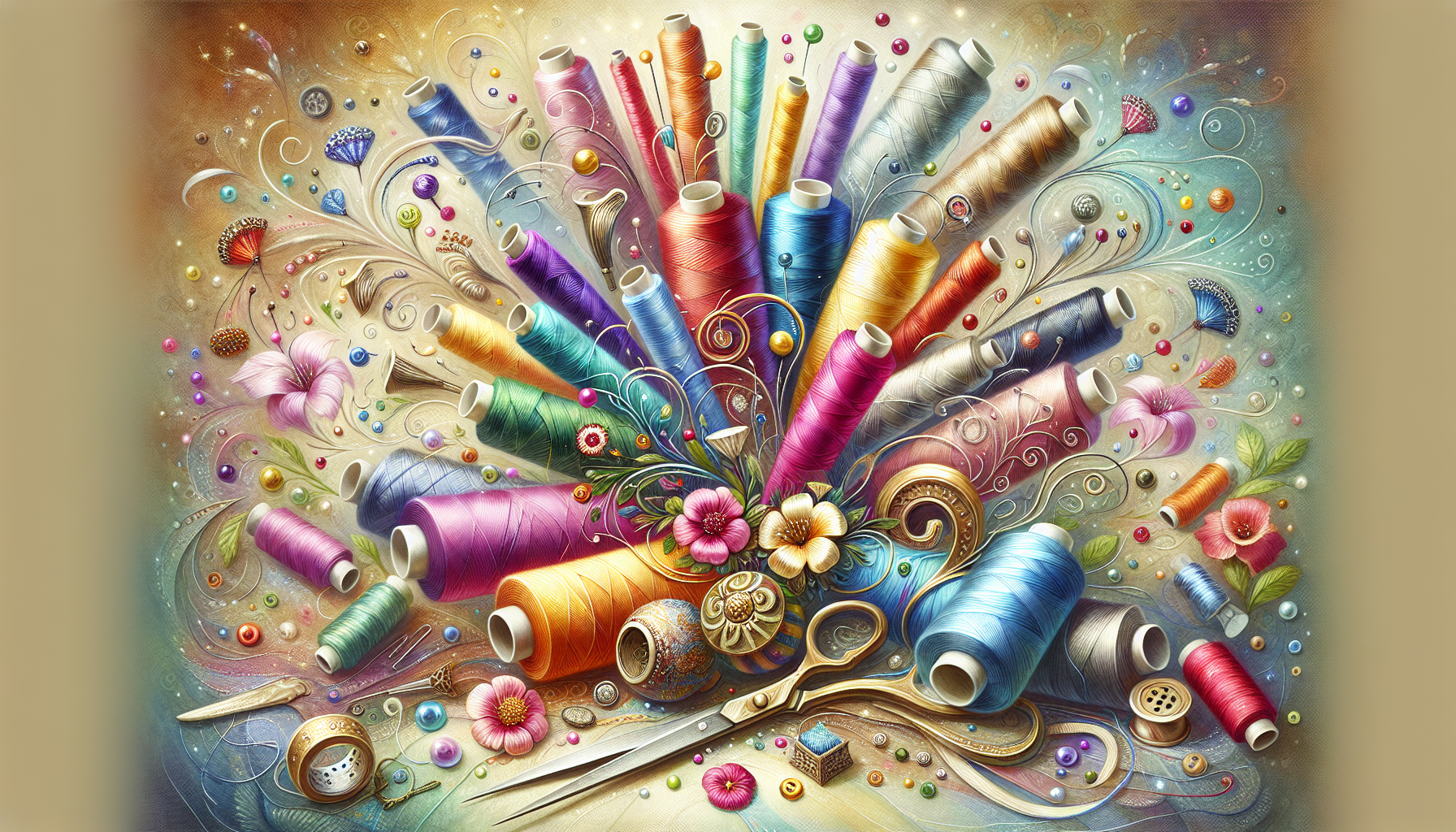 An artistic representation of specialty sewing threads used in various sewing endeavors.