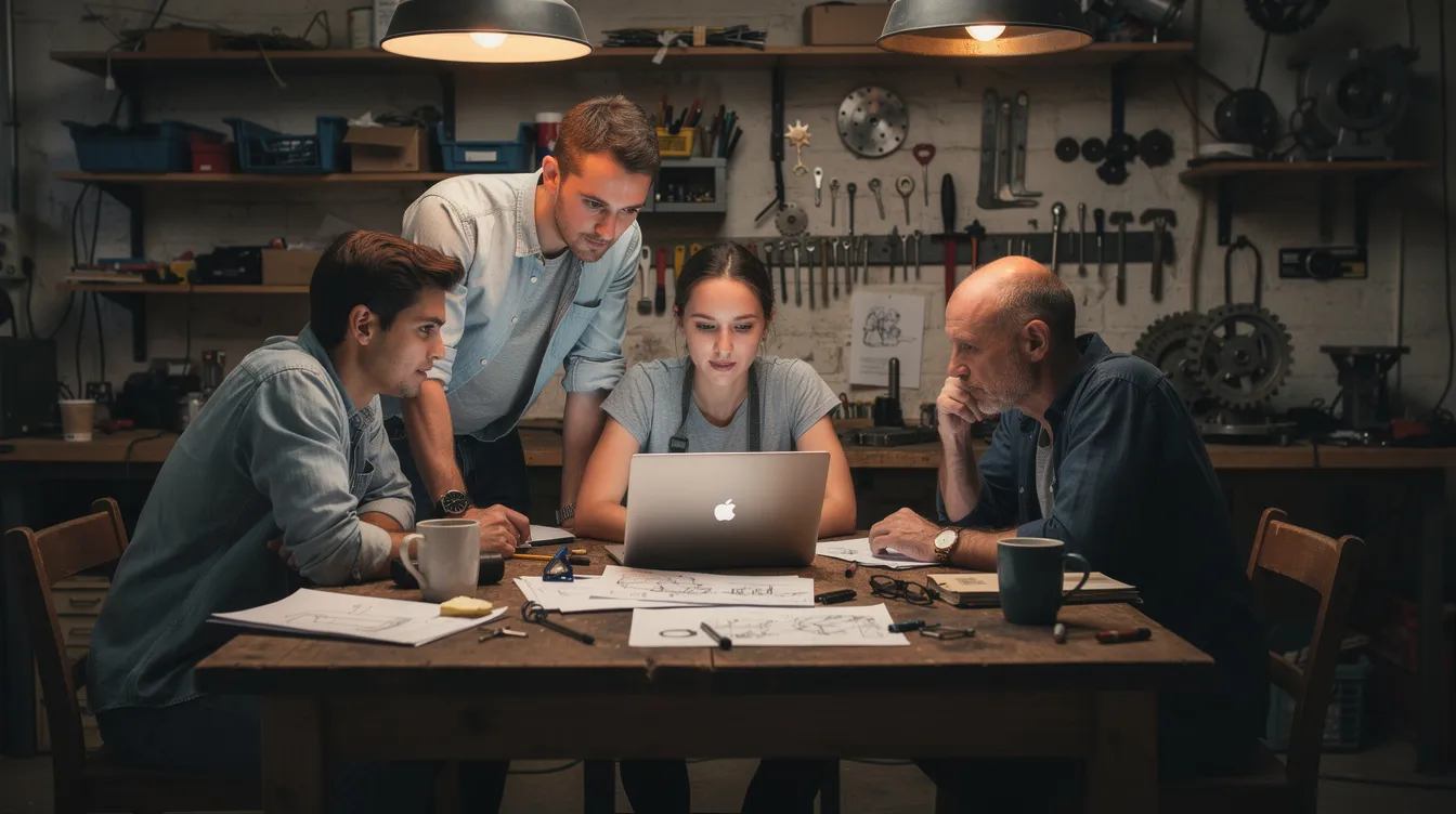 Ein kleines Team von Handwerkern versammelt sich um einen Laptop in einer Werkstatt, um gemeinsam an Aufgaben zu arbeiten und die Möglichkeiten von KI-Tools für die Automatisierung von Angeboten und Kundenbetreuung zu erkunden. Dabei diskutieren sie über die Integration künstlicher Intelligenz in ihren Arbeitsalltag und die Vorteile, die diese Technologien für ihre Handwerksbetriebe bieten können.