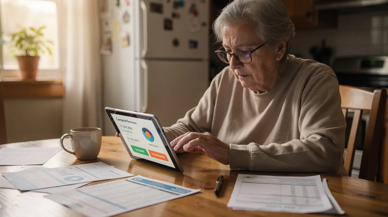 An elderly person is seated at a kitchen table, intently using a tablet to explore various financial services, including options for 免 入 息 and 免 文件 貸款. The warm kitchen setting suggests a comfortable environment for managing personal finances.