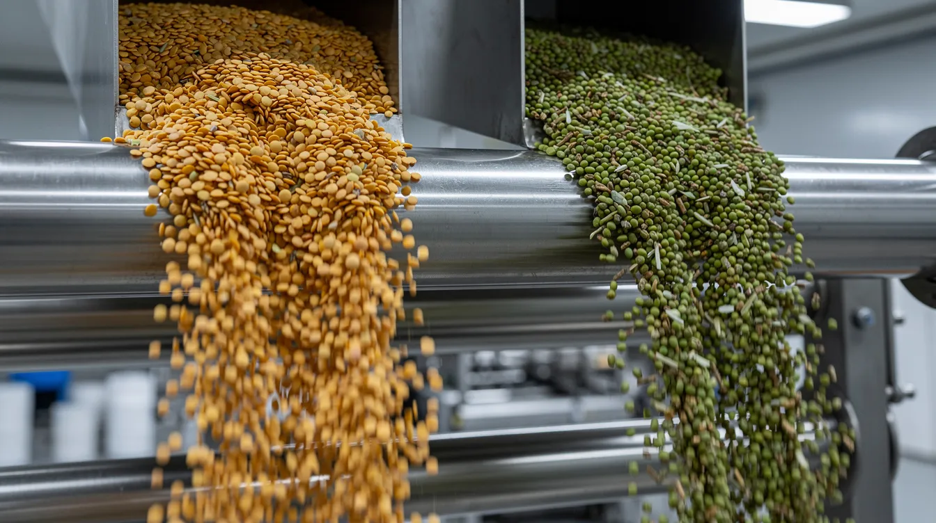 5fd5f640 d987 4cc8 a7a0 fa1c0733b70e A close-up view captures golden lentils and green moong beans flowing seamlessly through stainless steel processing equipment in a pulse processing plant, highlighting the efficient processing cycle and quality control systems in place to ensure consistent production quality. The machinery reflects the high capacity operations essential for meeting growing consumer demand for plant-based protein.