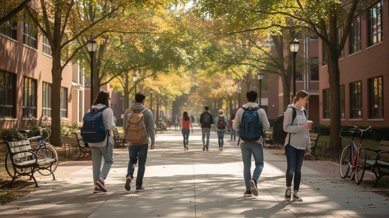 The image depicts a quiet university walkway where students are seen carrying backpacks, creating a serene atmosphere on campus. This scene reflects the importance of adequate security measures on college and university campuses, especially in light of ongoing discussions about gun laws and concealed carry permits in states like Kansas.