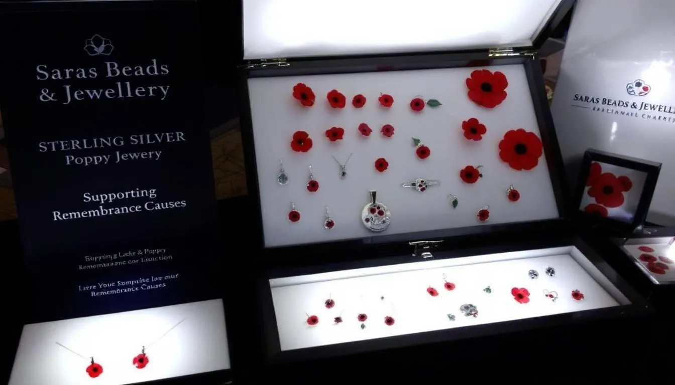 This image showcases a selection of beautifully crafted sterling silver poppy jewellery from Saras Beads & Jewellery, featuring earrings, bracelets, and pendants inspired by the remembrance of fallen heroes. The collection highlights unique pieces that support remembrance causes, inviting viewers to purchase and add a meaningful touch to their jewellery collection.