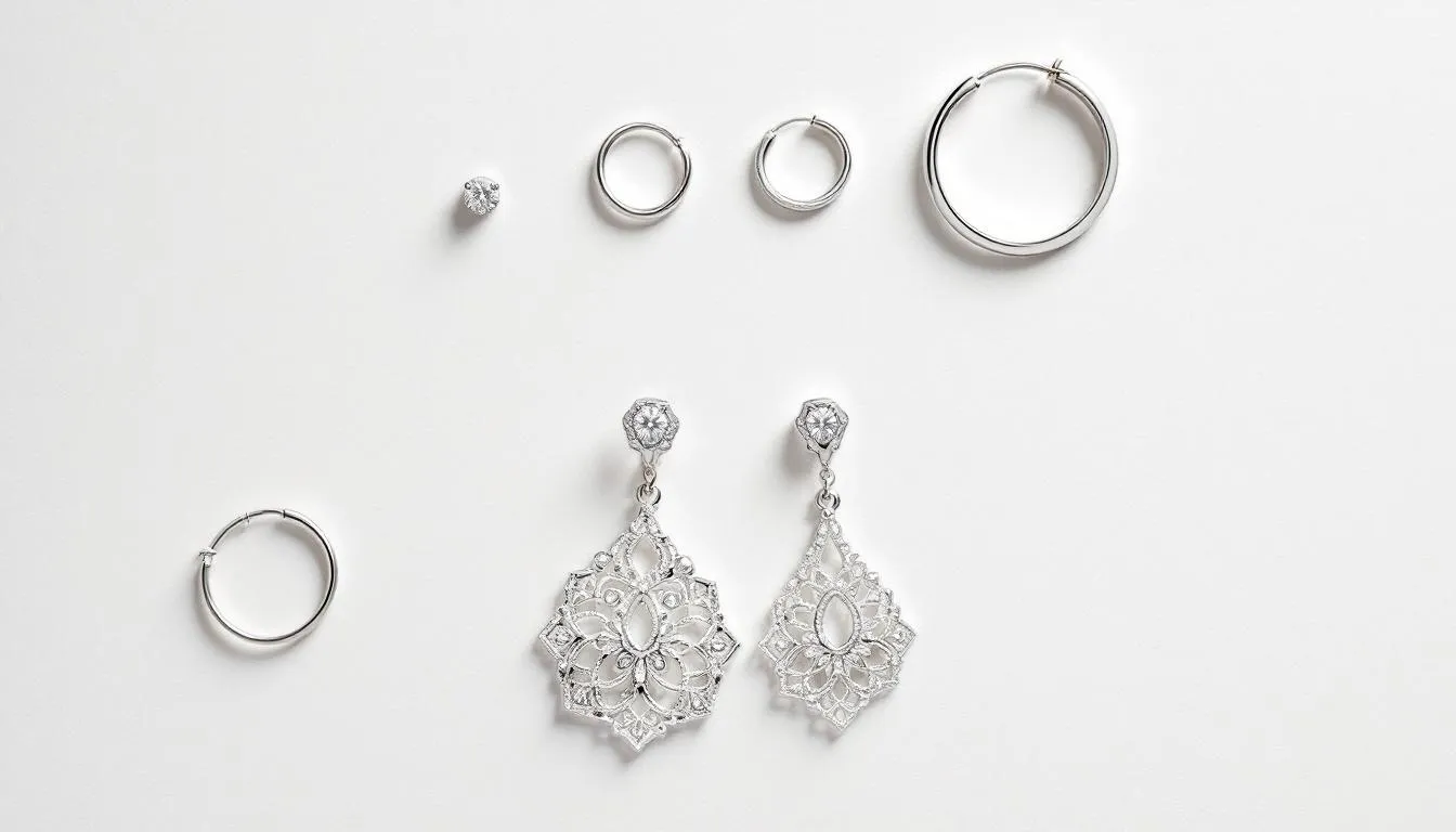 The image features a stunning collection of sterling silver earrings, showcasing various styles including classic silver studs, elegant drop earrings, and bold statement pieces. Each pair is crafted with intricate silver detailing, making them perfect for any occasion or personal taste.