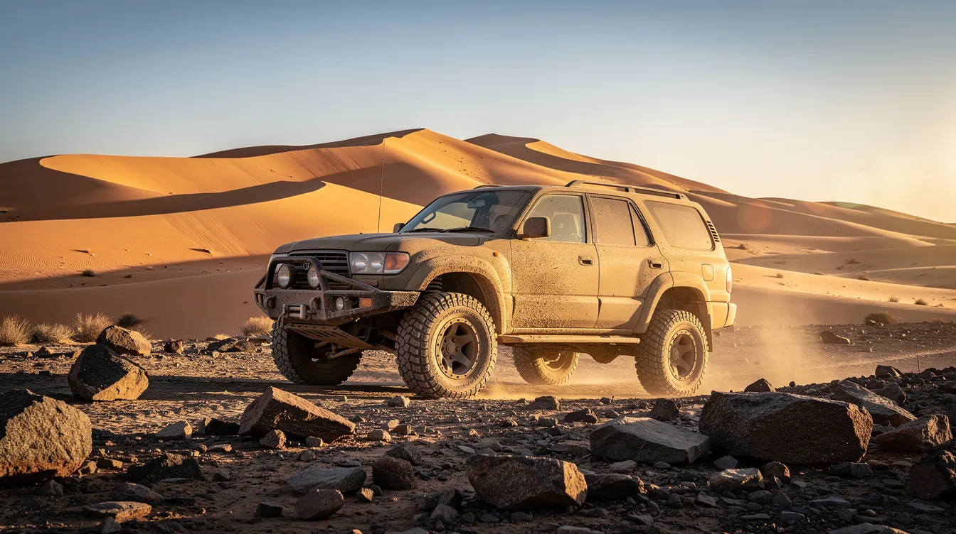 Un 4x4 aparcado en un terreno desértico rocoso con dunas de arena al fondo.