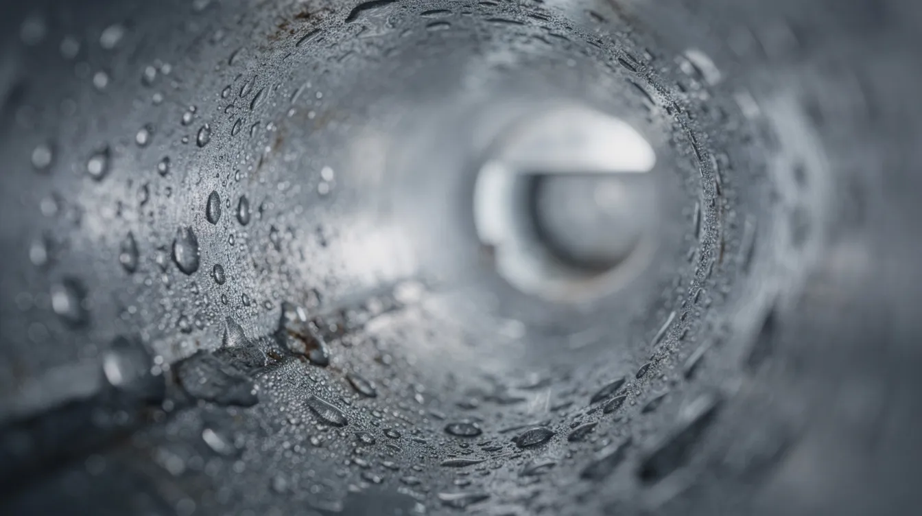 Nærbilledet viser kondensdråber på en metaloverflade inde i en ventilationskanal, hvilket kan indikere utilstrækkelig ventilation og høj fugtighed. Dette kan skabe fugtige omgivelser, der fremmer væksten af skimmelsvamp, hvilket kan påvirke indeklimaet og føre til allergiske symptomer.
