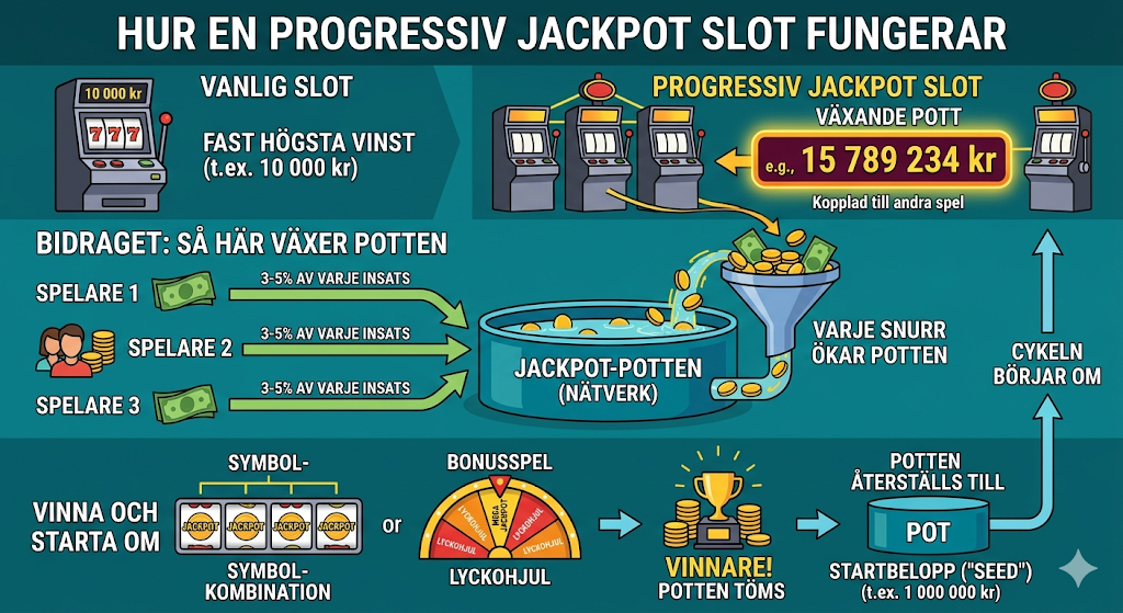Infografik som visar hur en progressiv jackpot slot fungerar, där spelares insatser bygger upp en växande jackpot-pott och ger chans att vinna jackpotten med stora belopp och miljontals kronor i casino slots online.