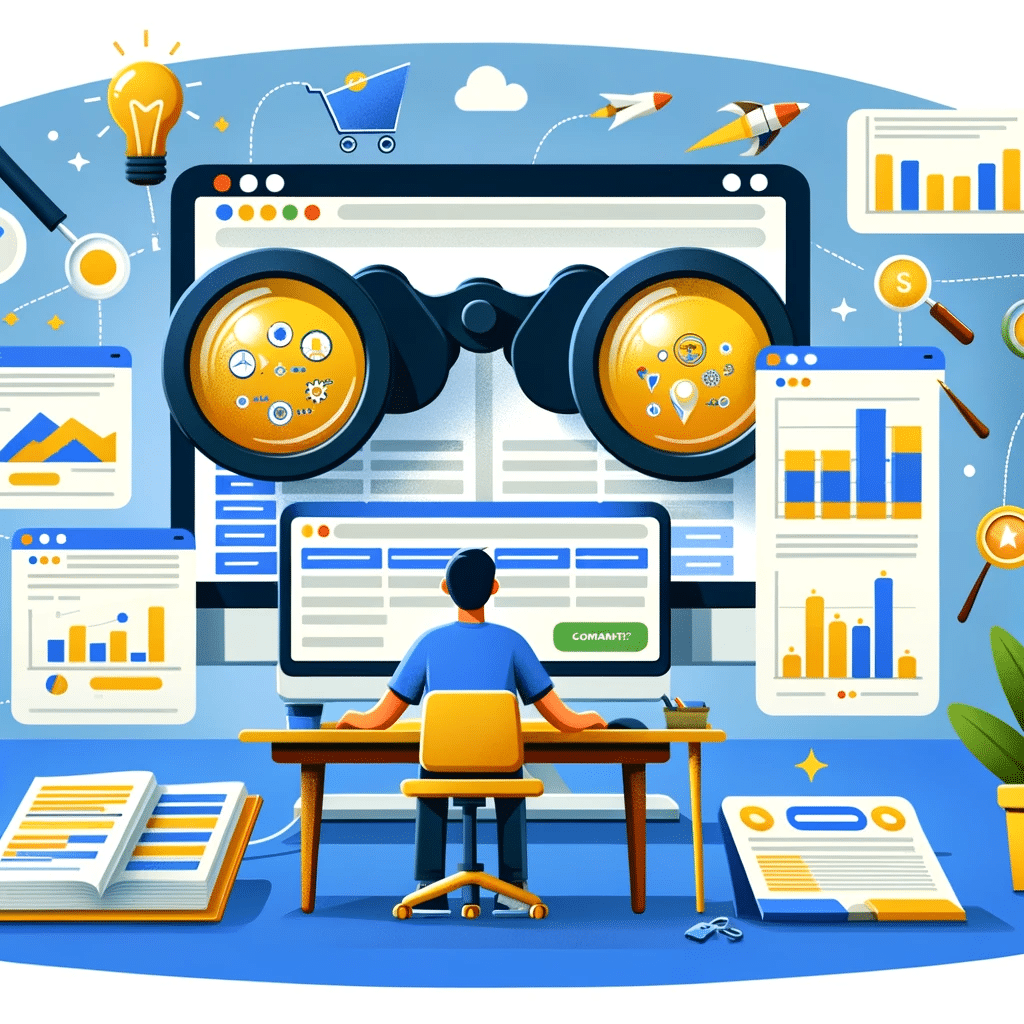 Ilustración sobre el análisis de competencia en Ads, con marketer digital y gráficos comparativos. | Posiciona.Digital