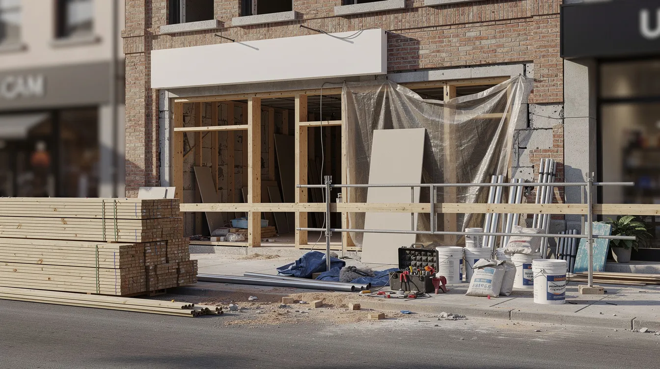 The image depicts a small business storefront under construction, with various building materials like wood and metal scattered around. This scene highlights the startup costs and funding needs that new business owners often face, such as securing a business loan or personal loan to cover many business expenses.