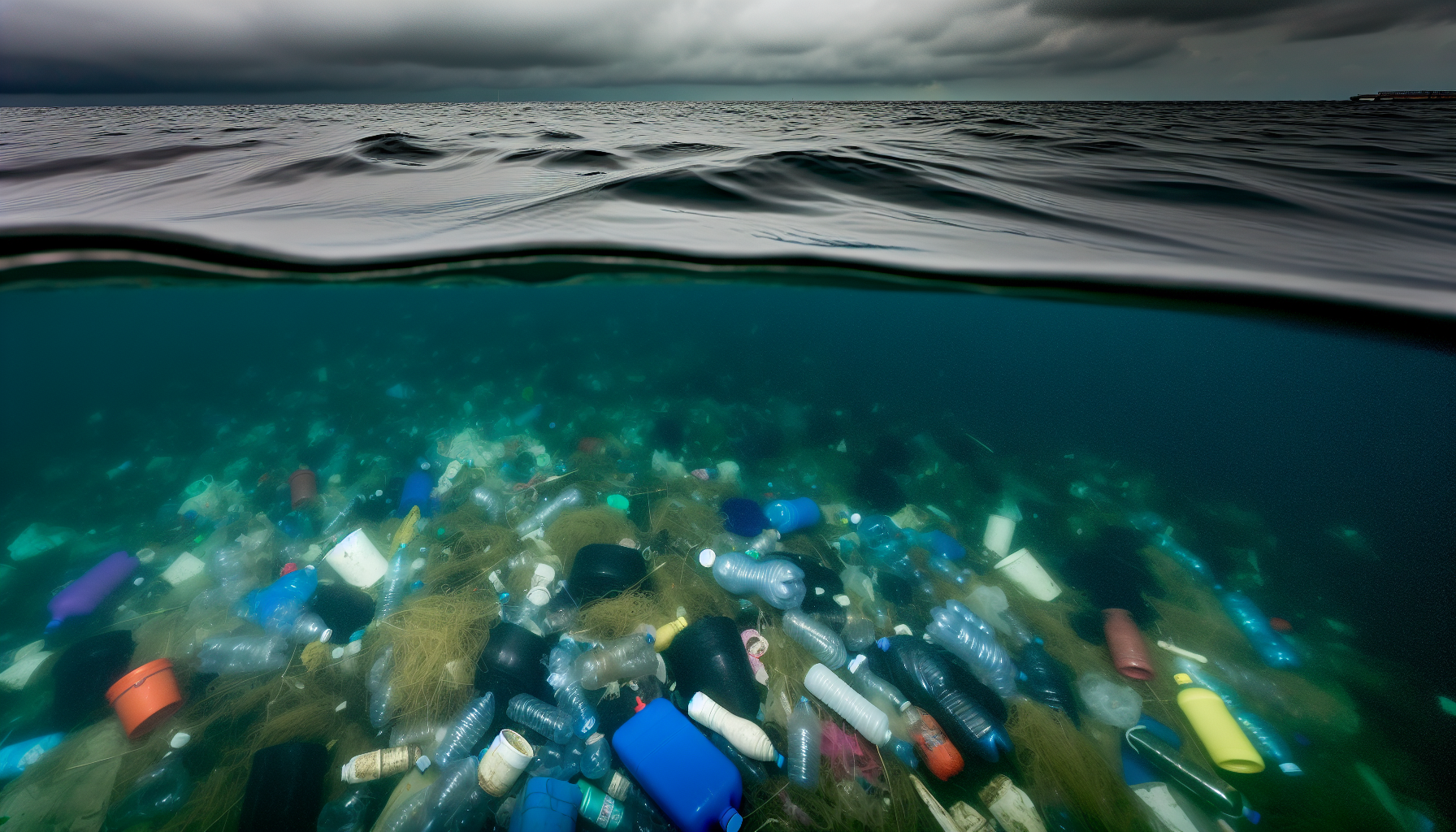 Polluted ocean with plastic waste harming marine life