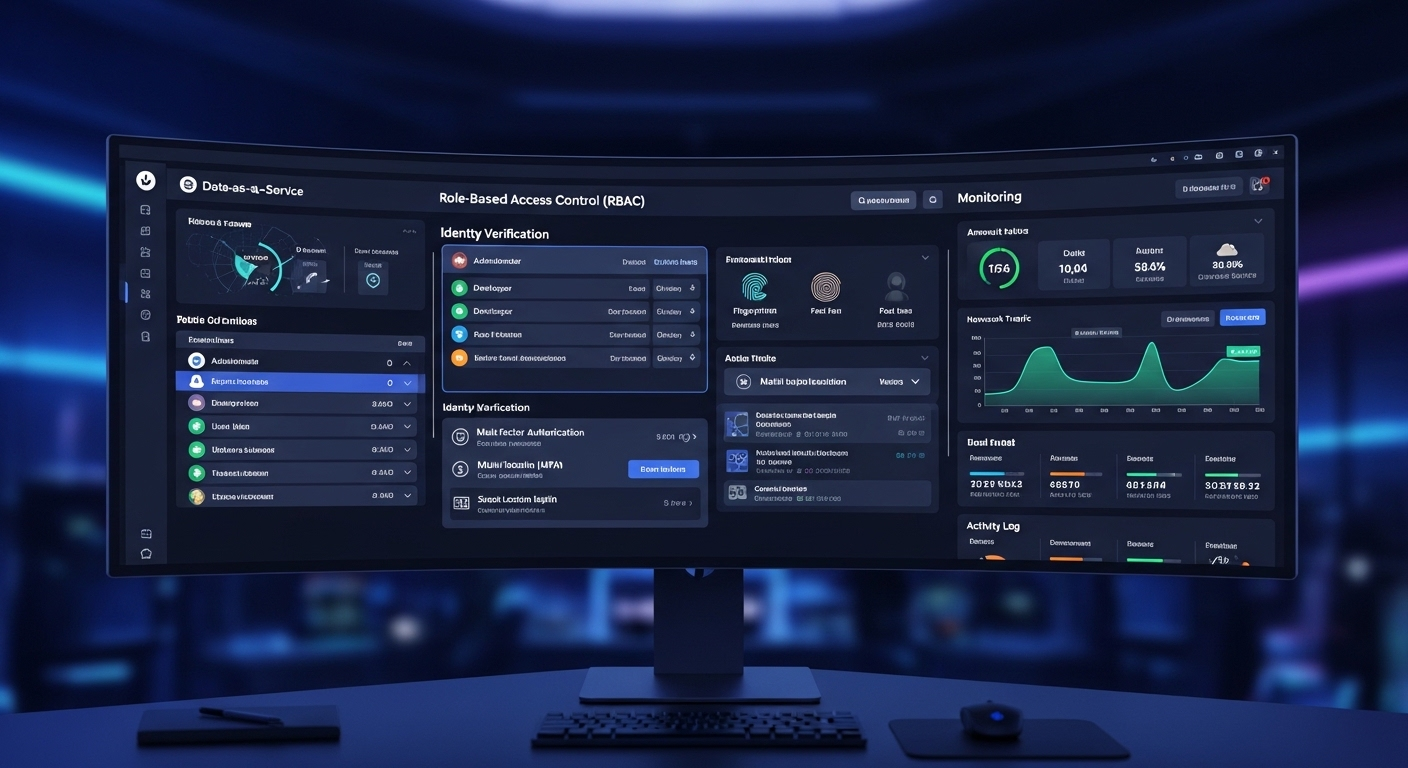 Cybersecurity dashboard displaying role-based access control, identity verification, and monitoring in a DaaS platform.
