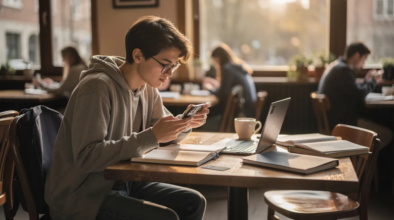 A young university student sits in a campus café, using a smartphone to manage an online purchase while holding a bank card. The scene highlights the convenience of digital wallets and mobile payments for online shopping and bill payments.