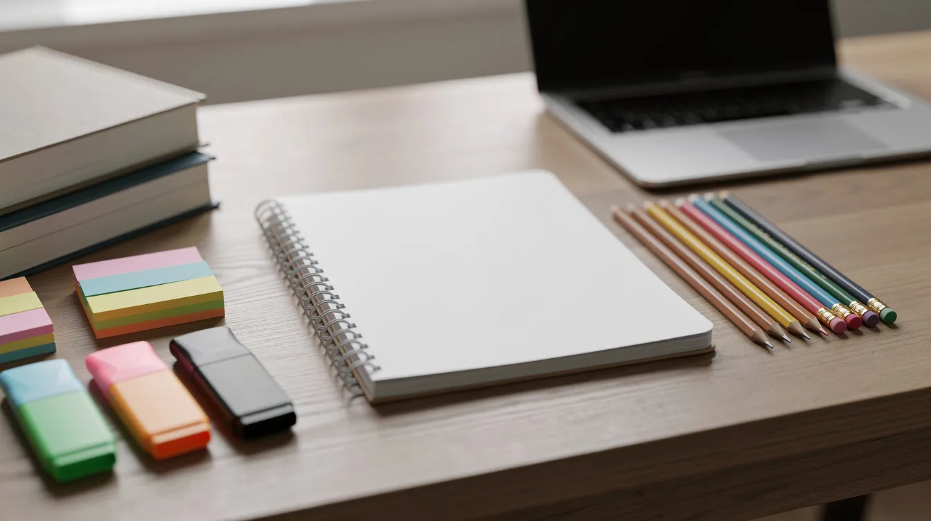 The image depicts a neatly organized desk featuring a notebook, colored pencils, and various study materials, ideal for students engaging in academic writing. This setup encourages a focused approach to essay writing, providing essential tools for outlining ideas and crafting a thesis statement.