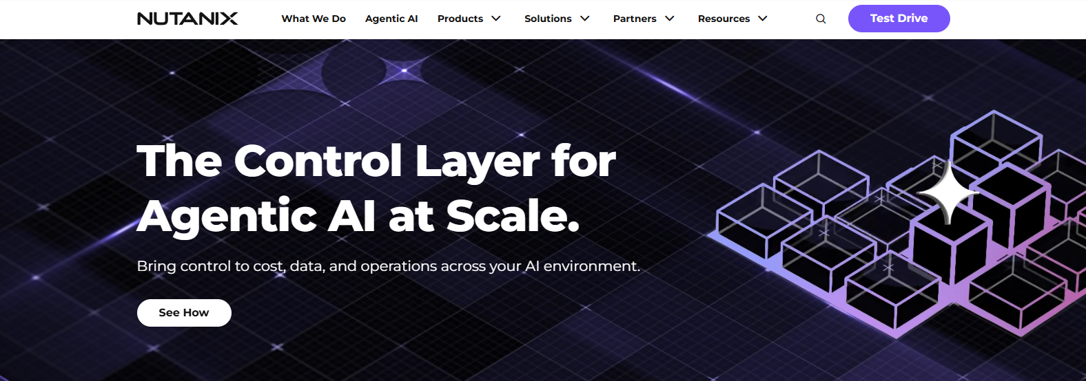 Nutanix platform homepage highlighting AI-powered infrastructure, virtualization, and scalable cloud desktop solutions.