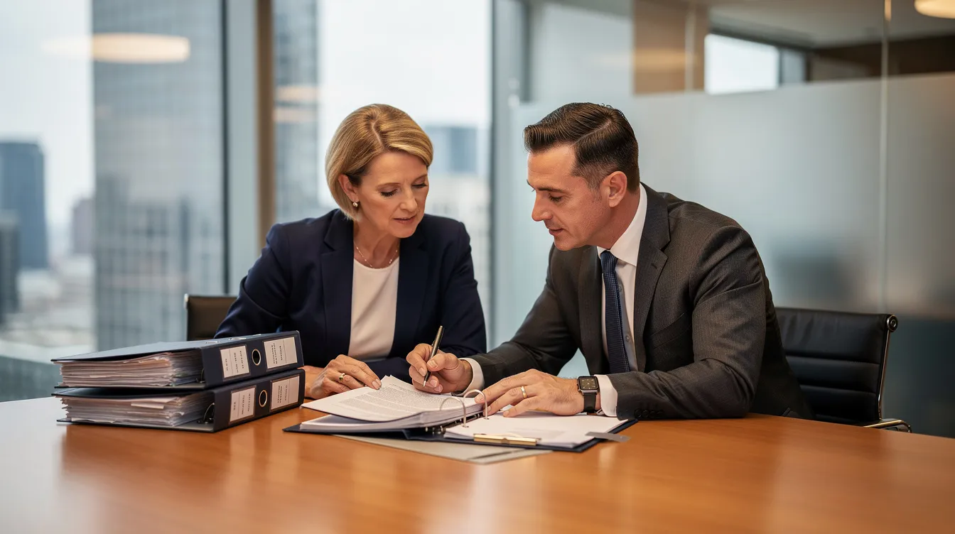 Two professional attorneys are seated at a desk, intently reviewing case documents related to personal injury claims, possibly involving bicycle accident victims. The atmosphere suggests a focus on building a strong case to seek compensation for injuries sustained in a bicycle crash.