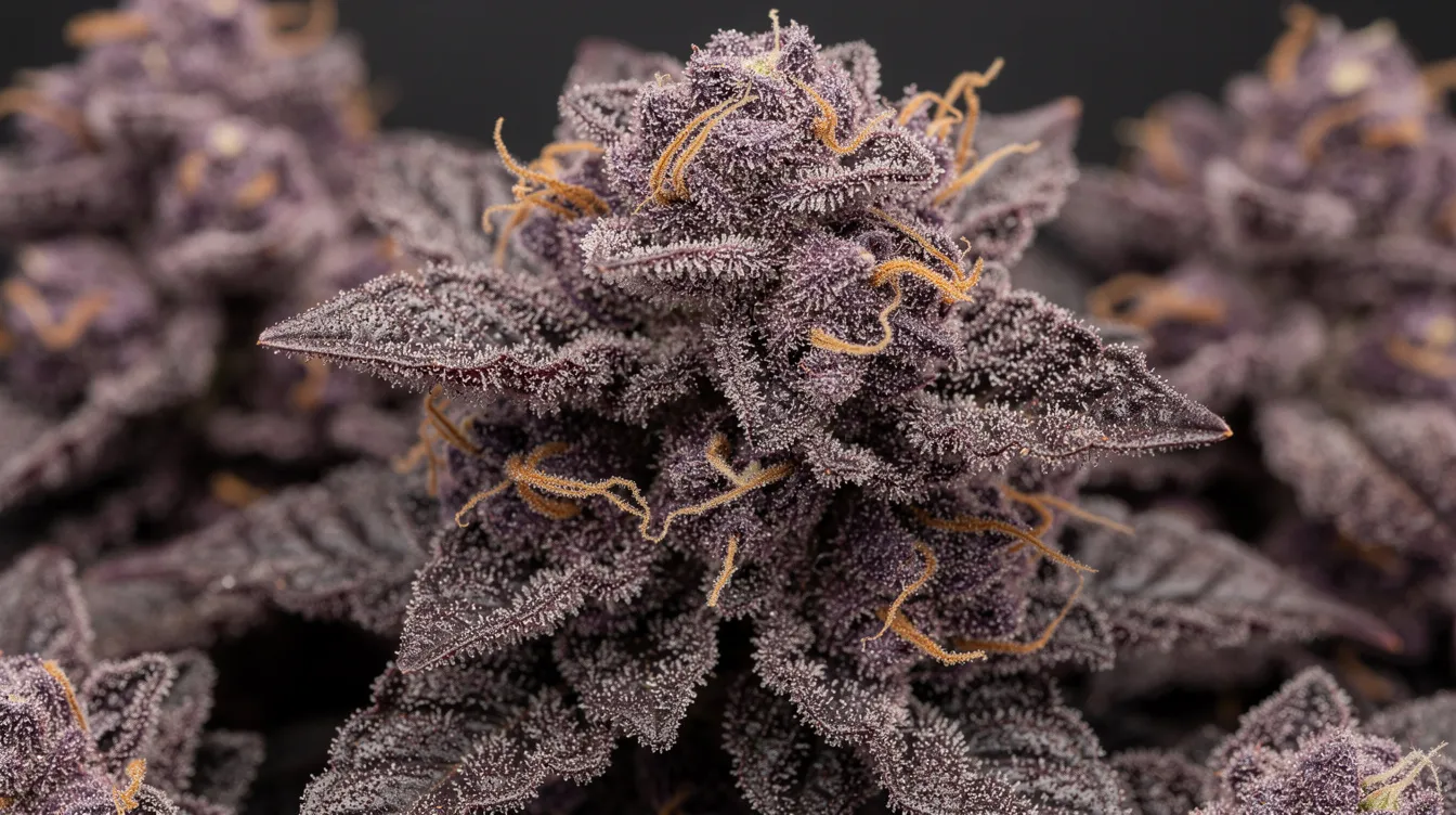A close-up view of dense, dark purple cannabis buds showcases their frosty white trichomes and bright orange pistils, highlighting the beautiful appearance of the blackberry kush strain. This indica dominant hybrid is known for its sweet berry aroma and relaxing effects, making it popular among medical patients seeking stress relief and pain management.